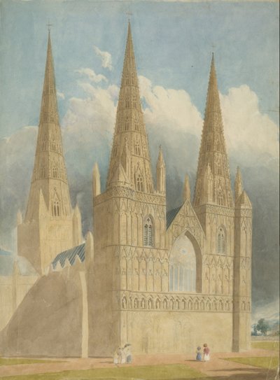 Lichfield Cathedral - West Front: akvarellmålning och [c 1840] av Unbekannt