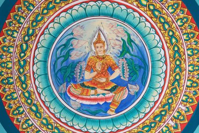 Buddhas liv. Takkonstverk som visar Buddhas liv. Wat Inpeng. Vientiane. Laos, 20151029, Vientiane, Laos av Unbekannt