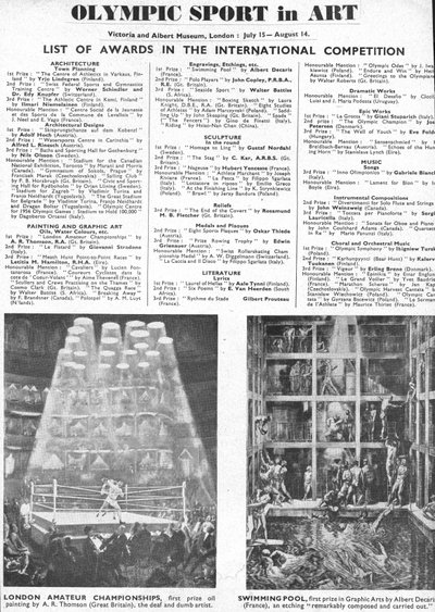Lista över vinnare av priser för arkitektur, konst, skulptur, litteratur, drama och musik vid de olympiska spelen i London 1948 (litho) av Unbekannt