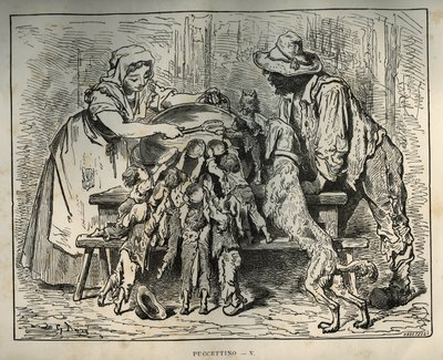 Lille Poulet och hans hungriga bröder. Gravyr av Gustave Dore (1832-1883) från "" Les contes"" av Charles Perrault (1628-1703) av Unbekannt