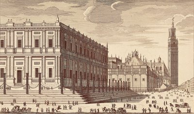 Lonja de Comercio ("Handelsbyggnad") och en delvis vy av Sevillas katedral. Gravyr. SPANIEN. MADRID (AUTONOM REGION). Madrid. Nationalbiblioteket av Unbekannter Künstler