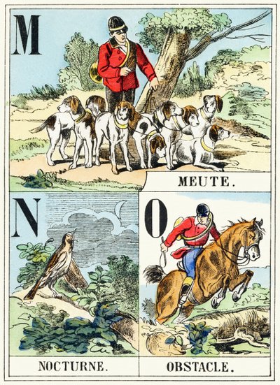 M N O : Meute, Nocturne, Hinder - Jaktalfabetet, ca 1890 (gravyr) av Unbekannt
