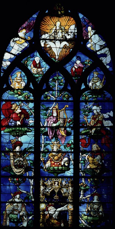 Madonna och barn med änglar och porträtt som återspeglar beskydd av en lokal biskopslig beskyddare, ca 1200-talet (målat glas) av Unbekannt