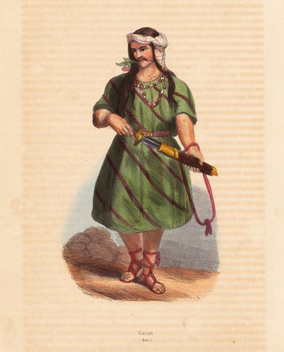 Man av Karen-stammen (Karene eller Karyang) (Burma, Myanmar) - Man av Karen-stammen (Karian) i södra Burma - Handkolorerat träsnitt ur "Mores, Uses et Costumes de tous les Peoples du Monde, Asia" av Auguste Wahlen, pseudonym för Jean Francois Nicol av Unbekannter Künstler