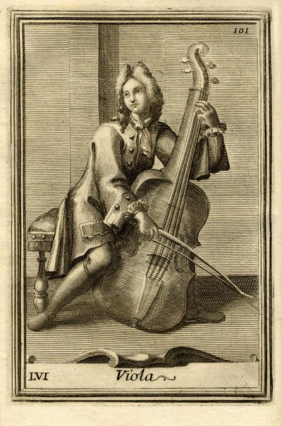 Man som spelar cello (eller "viola"). I "Gabinetto Armonico" av Filippo Bonanni, Rom av Unbekannter Künstler