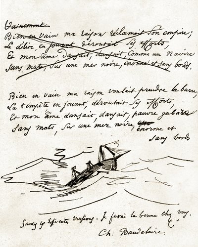 Manuskript av Charles Baudelaire, illustrerad med en teckning av en båt av Unbekannter Künstler