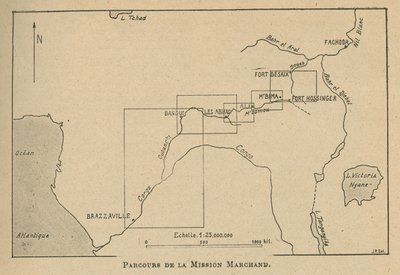 Karta som visar rutten för Marchandmissionen 1898 (litho) av Unbekannt