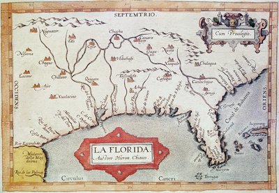 Kartläggning av "Florida". Vi kan se Kräftans vändkrets, Bahamas och Tortugasöarna. I "Teatrum Orbis Terrarum" av kartografen Abraham Ortelius (1527-1598) av Unbekannter Künstler