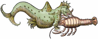 Havsdrake och jättekräftdjur, xylografi hämtad från "Paralipomena accuratissima historiae omnium animalium quae in voluminibus Aldrovandi desiderantur/Bartholomaeus Ambrosinus... summo labore collegit; Marcus Antonius Berna bibliopola bononiensis p av Unbekannter Künstler