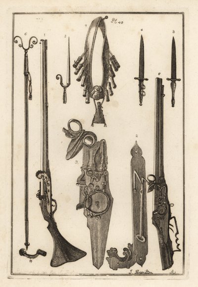 Matchlock-musköt, lås och bajonett från Tower of London 1-3, bajonett 4, muskötstöd och bajonett 5, muskötstöd 6, bandileers och puderkolv 7, hjullås 8,9 och skiftnyckel 10 av Unbekannt