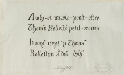 Mayfield Church - Inskription till Thomas Rolleston: pennteckning, nd [?1700-talet] av Unbekannt