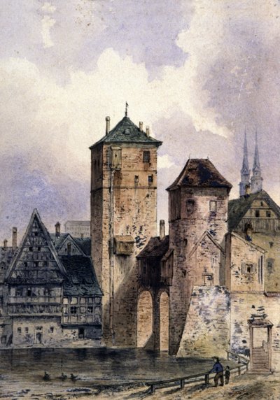 Medeltida stad vid Rhen, ca 1850-1900 (akvarell) av Unbekannter Künstler