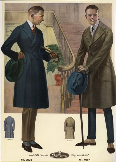 Herrmode 1920 - Män i dubbelknäppta rockar med käppar och hattar, bär spottar. Kromolitografi från en katalog över herrmode från Bruner Woolens av Unbekannter Künstler
