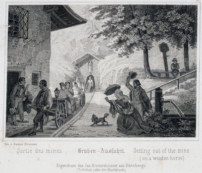 Saltgruva: turisters utgång från gruvan på ett träfordon draget på räls, i Durrnburg, Österrike, omkring 1850 av Unbekannt
