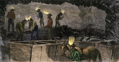 Gruvarbetare gräver gruvan och lastar kolet i små vagnar som drivs av mulor i Pennsylvania. Gravyr i färg från 1860. av Unbekannter Künstler