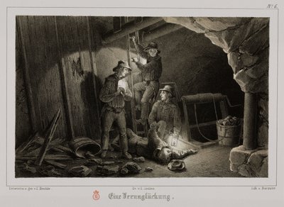 Gruvdrift, metallmalmbrytningsolycka, Tyskland, ca 1851 av Unbekannt