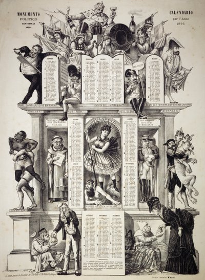 Monumental politisk kalender, år 1875, av Giorgio Ansaldi, även känd som Dalsani (1844-1922), längst ner till vänster, Grossi Augustos handskrivna inskription, grundare av den satiriska tidningen Il Pappagallo (Papegojan), Italien av William M. Timlin