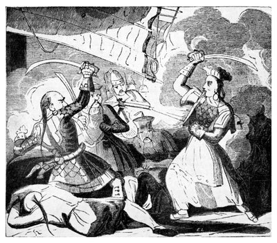 Mrs Ching svingar ett svärd, ca 1810 (gravyr) av Unbekannter Künstler