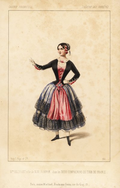 Fru Elisabeth Augustine Bressant som Nini Pompon i les Deux Compagnons du Tour de France av Lockroy och Wailly, Theatre des Varietes av Unbekannter Künstler