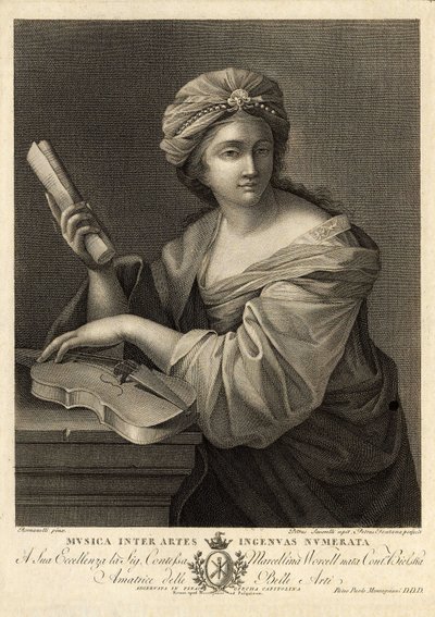 Musica inter artes ingenua numerata, Gravyr av Pietro Savorelli efter en målning av Giovanni Francesco Romanelli, barockmålare på 1700-talet. av Unbekannter Künstler