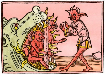 Myter och legender: Drakens mun i helvetet bränner demoner. Kolorerad gravyr från en utgåva av Augsburg av Unbekannter Künstler