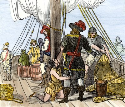 Ursprungsbefolkning i Amerika: Indianer. Pocahontas tillfångatagen ombord på ett skepp från Jamestown. Färggravyr från 1800-talet. av Unbekannter Künstler
