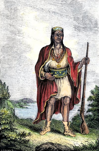 Amerikas ursprungsbefolkning: Indianer i Förenta staterna. Metacomet (ca 1639-1676), även känd som King Philip eller Metacom, hövding för Wampanoag (Massachusetts, New England). Gravyr i färg. av Unbekannter Künstler