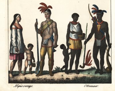 Infödda i Kanada: en indianfamilj från Lake Nipissing och en indianfamilj från Ottawa-området. Litografi för boken: "Galerie complete en tableaux fideles des peuples d