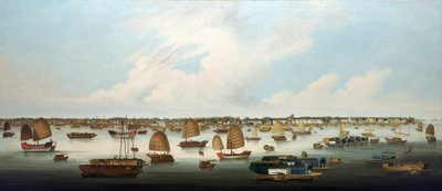 "Navigation på Pärlfloden (eller Zhu Jiang, Kantonfloden), utanför ön Henans kust, med utsikt över de europeiska fabrikerna i Kanton (Kina) av Unbekannter Künstler