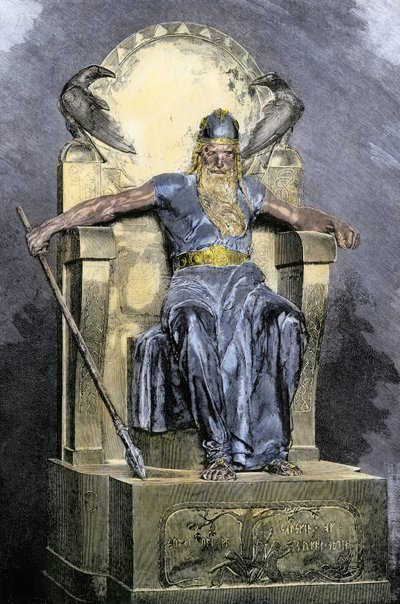 Nordisk mytologi: representation av gudomen Wotan (Odin). Färggravyr från 1800-talet. av Unbekannter Künstler