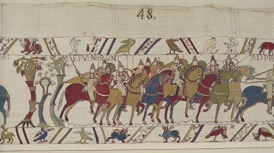 Normandiska soldater lämnar Hastings för att slåss med Harold, Bayeux Tapestry (ullbroderi på linne) av Unbekannt