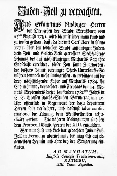 Anmälan från Strasbourgs styrande organ för de tretton (Tredecim Viri) om en offentlig auktion över rätten att ta ut "Juden Zoll" i tre år av Unbekannt