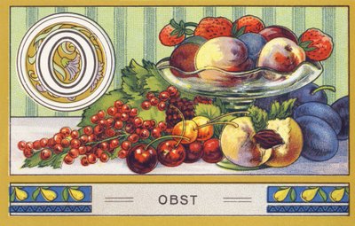 O : Frukt - Alphabet Palmin. Serie av kromolitografier redigerade av H. Schlinck & Cie, Hamburg, s.d. . Publicite pour Palmin finaste kokosfett. Mått: 7 x 11 cm av William M. Timlin