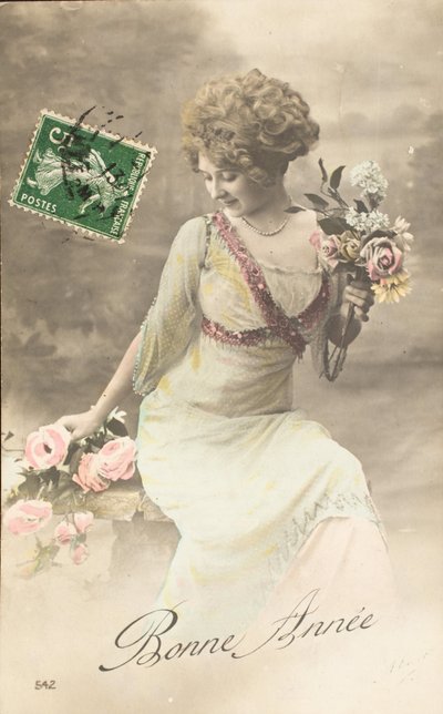 Gammalt vykort/Gott år/Wish/Woman Belle Epoque av William M. Timlin