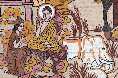 Ong Nui buddhistiska pagod, väggfresk, Buddhas liv, Quy Nhon, Vietnam, 2019 (foto) av Unbekannt