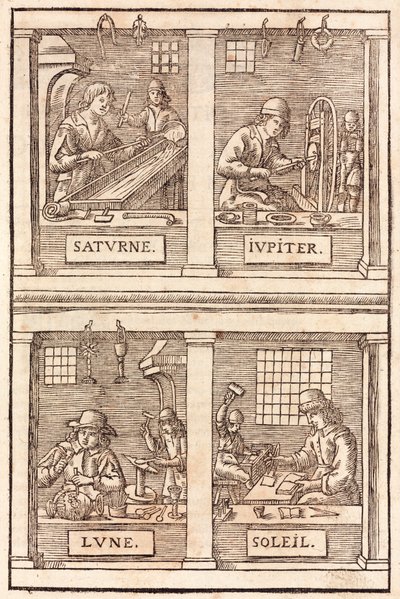 Guldsmed och alkemistiska symboler: Saturnus och bly, Jupiter och tenn, Månen och silver, Sol och guld - Guldsmeder och silversmeder Alkemisk symbolik av Unbekannt