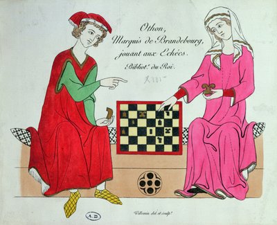 Otto IV, markis av Brandenburg, spelar schack med en dam, illustration från en faksimil av Manesse Codex eller Grosse Heidelberger Liederhandschrift, gjord i Zuerich c.1305-40 (lito i färg) av Unbekannt