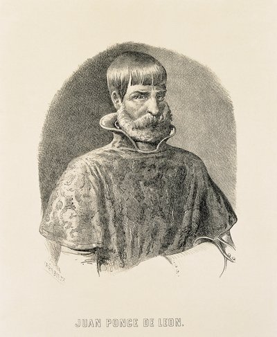 PONCE DE LEON, Juan (1460-1521). Spansk erövrare av Puerto Rico (1508) och upptäckare av Florida (1502) (gravyr) av Unbekannter Künstler
