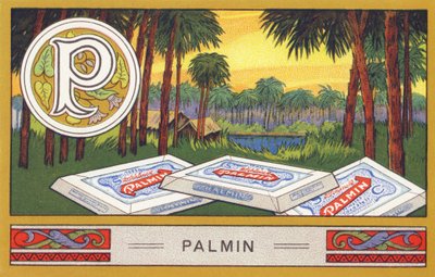P : Palmine - Alfabetet Palmine. Serie av kromolitografier redigerade av H. Schlinck & Cie, Hamburg, sid. d. . Annons för Palmins finaste kokosfett. Mått: 7 x 11 cm av William M. Timlin