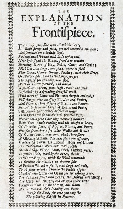 Titelsida och förklaring i diktform av den 4:e upplagan av "Systema agriculturae: mysteriet med hushållning upptäckt" av John Worlidge (aktiv 1669-1698), publicerad i London 1697 av Unbekannt