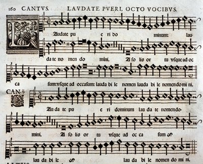 Sida med partitur av Laudate Pueri Psalm med 8 röster av Thomas Luis de Victoria av Unbekannter Künstler
