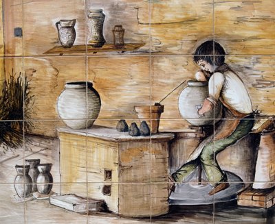 Målad maiolica-panel som visar scen för keramiktillverkning, handgjord av Ceramiche Desuir, Santo Stefano di Camastra, Sicilien, Italien, Detalj av William M. Timlin