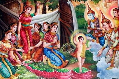 Målning som skildrar Shakyamuni Buddhas livshistoria. Buddhas födelse i Lumbini-lunden. Kep. Kambodja. (Foto) av Unbekannt