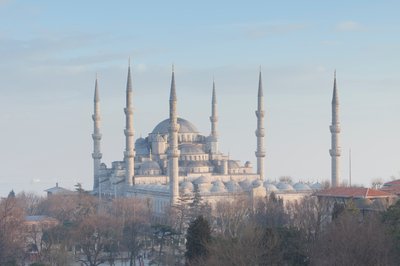 Panoramautsikt över den blå moskén strax före solnedgången, Istanbul, Turkiet (foto) av Unbekannter Künstler
