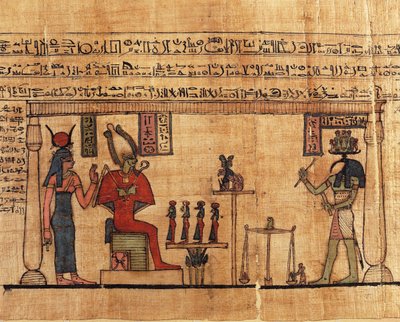 Papyrus aus dem Ersten Buch des Atmens von Ousirour, Thoth wiegt die Seele von Ousirour vor Isis und Osiris von 