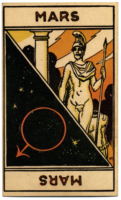 Paranormalt. Astrologi. Mars (planet). Astrologikort från: Le Tarot Astrologique (Astrologisk Tarot), av Georges Muchery, Frankrike av Unbekannter Künstler