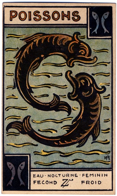 Paranormalt. Astrologi. Fiskarna (fisken). Astrologiskt kort från: Le Tarot Astrologique (Astrologisk Tarot), av Georges Muchery, Frankrike av Unbekannter Künstler