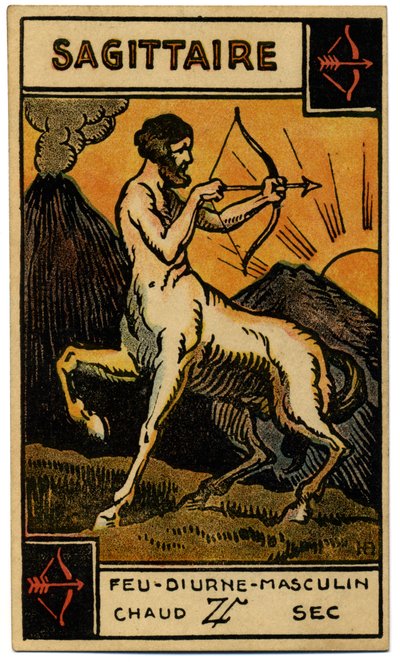 Paranormalt. Astrologi. Skytten (bågskytten). Astrologiskt kort från: Le Tarot Astrologique (Astrologisk Tarot), av Georges Muchery, Frankrike av Unbekannter Künstler