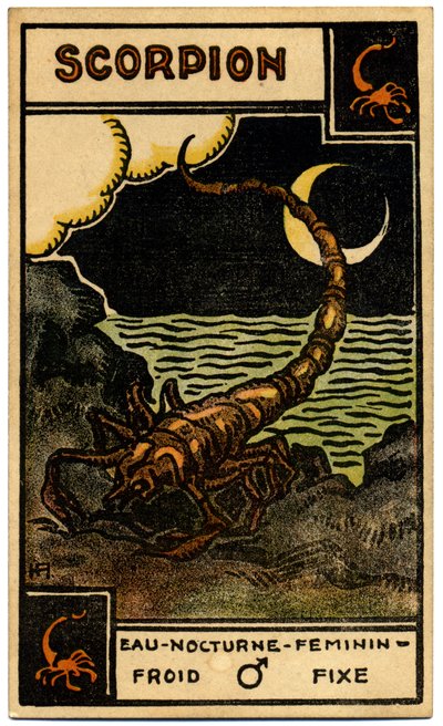 Paranormalt. Astrologi. Skorpionen (Skorpionen). Astrologiskt kort från: Le Tarot Astrologique (Astrologisk Tarot), av Georges Muchery, Frankrike av Unbekannter Künstler