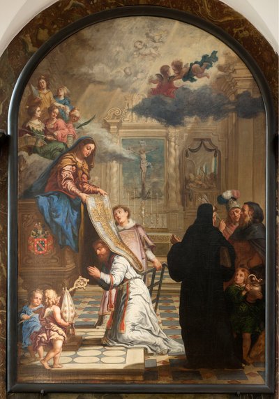 Sockenkyrka (Vår Fru församlingskyrka). Interiör. Målning. Vår Fru som ger en kasubel till Saint-Ildefonsus. av Unbekannter Künstler